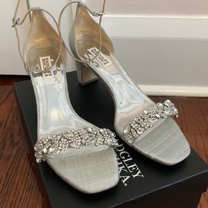 Badgley Mischka silver heels with stone detailing